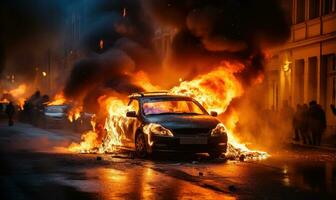 Burning car emitting thick smoke on a street. AI generative. photo