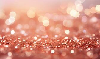 Close-up of a sparkling rose-gold glitter scene with dancing bokeh lights. AI generative photo