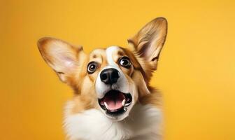 Delightful corgi dog on a vibrant yellow background. AI generative photo