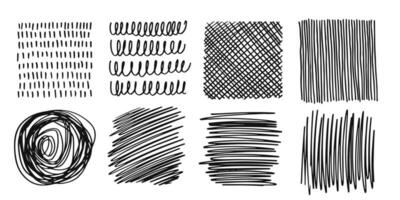 Pattern, texture, line hand drawn. Hatch drawing pen ink and crosshatch draw pencil sketch. Doodle scratch style. Black shape isolated on white background. Vintage graphic design. Vector illustration