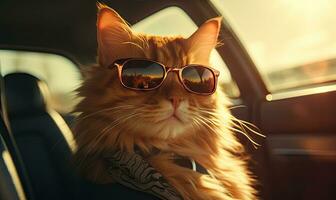 Fashionable feline in shades enjoys a leisurely moment in a sleek car. AI generative. photo