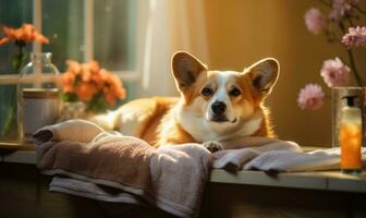 corgi disfruta un soleado spa día, relajante en un frazada. ai generativo. foto