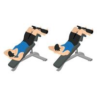 Man doing decline crunch on a bench exercise. vector