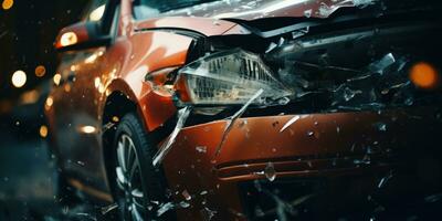 Crushed, dented vehicle conveys a stark image of accident. AI generative. photo