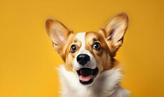 Delightful corgi dog on a vibrant yellow background. AI generative. photo