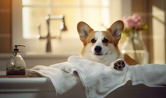 Corgi enjoys a sunny spa day, relaxing on a blanket. AI generative. photo