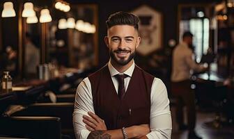 Baristas in aprons share heartfelt smiles. AI generative. photo