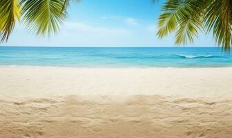 Sunlit sand foreground with a soft-focus palm tree. AI generative. photo