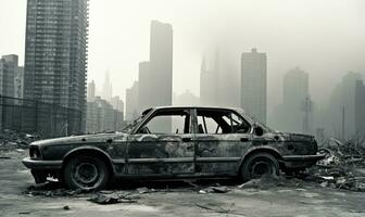 abandonado, destrozado coche en un ciudad. ai generativo. foto