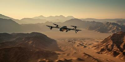 Drone hovers above a vast desert, modern technology. AI generative. photo