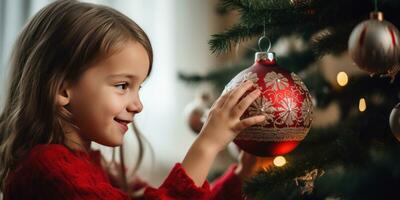 Encantado niño colocación decoraciones en un festivo Navidad árbol. ai generativo. foto