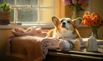 Corgi enjoys a sunny spa day, relaxing on a blanket. AI generative. photo