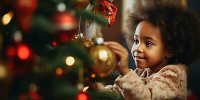 African-American child engrossed in decorating a Christmas tree, holding a gleaming ornament. AI generative. photo