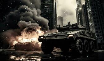 Fiery explosion engulfs a military vehicle amidst a dark. AI generative. photo