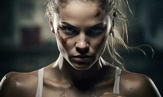 Powerful stance of a woman boxer. AI generative. photo