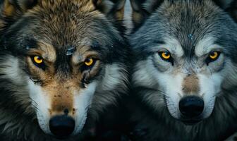 Intense gazes of two wolves showcasing their power, AI generative. photo