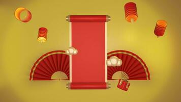 3D gold background chinese new year with red announcement roll, suitable for product promotion video