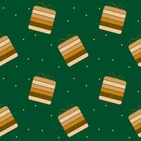 Pattern with gifts in golden boxes on green background for Christmas holidays. vector