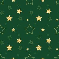 Pattern with gold stars on green background for Christmas holidays. vector