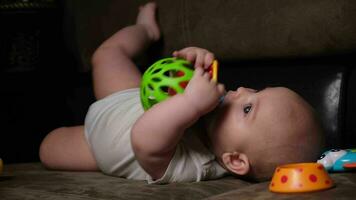 Active caucasian infant baby lying on sofa playing with developing toy. video