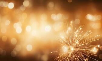 A sparkler emits shimmering light against a golden bokeh background. AI generative. photo