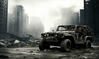 Burnt-out military vehicle. AI generative. photo