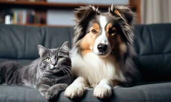 In a serene living room, two adorable pets, a dog and a cat. AI generative. photo