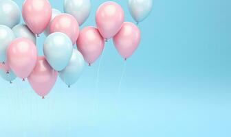 Joyful pink balloons on blue background. AI generative. photo