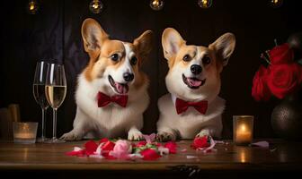 adorable corgis en arco corbatas disfrutar un San Valentín fecha. ai generativo. foto