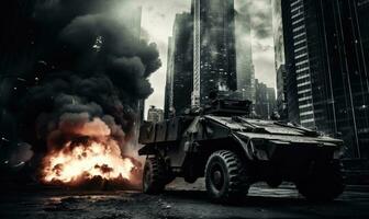 Fiery explosion engulfs a military vehicle amidst a dark .AI generative. photo