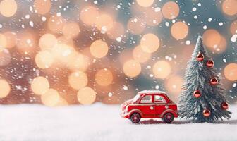 Charming composition of a toy car and a decorated tree captures. AI generative. photo