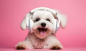 alegre canino disfruta música con auriculares. ai generativo. foto