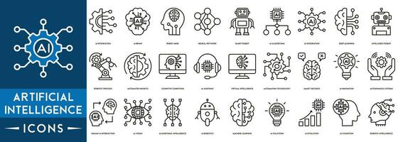 artificial inteligencia línea íconos colocar. ai íconos incluye máquina aprendiendo, ai asistente, virtual inteligencia, automatización tecnología, ai tecnología, futuro, robots vector