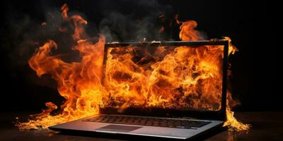 Laptop fiercely burning and smoking. AI generative. photo