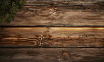 A small pine branch lies gracefully on a rustic wooden surface. AI generative. photo