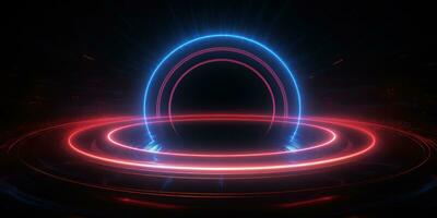 A luminous neon circle dominates the dark scene, its undulating lights. AI generative photo