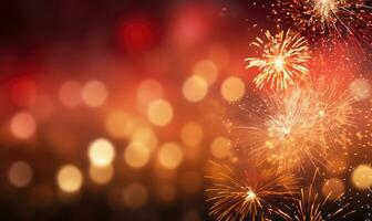 Dazzling fireworks and twinkling bokeh lights illuminate the dark night sky. AI generative. photo