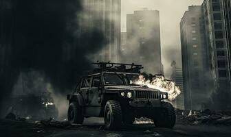 Fiery explosion engulfs a military vehicle amidst a dark. AI generative. photo