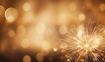 A sparkler emits shimmering light against a golden bokeh background. AI generative. photo