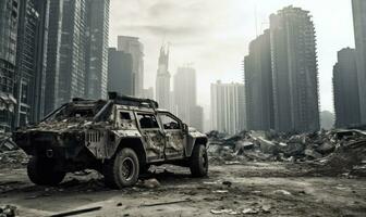 Burnt-out military vehicle. AI generative. photo