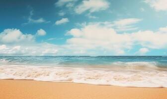 Serene beach landscape with glistening sand, gentle ocean waves. AI generative photo