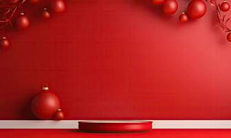 encantador Navidad árbol con vistoso adornos en rojo antecedentes. ai generativo. foto