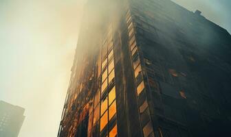 Towering building engulfed in a fierce blaze, with smoke billowing. AI generative. photo