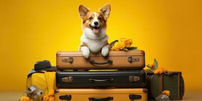 Adorable corgi sits atop suitcases a vibrant orange backdrop. AI generative. photo