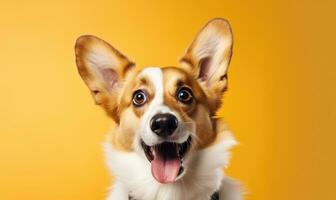 Delightful corgi dog on a vibrant yellow background. AI generative. photo