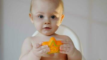 bebê pele Cuidado e higiene conceito. retrato do caucasiano criança pequena dentro de casa. video