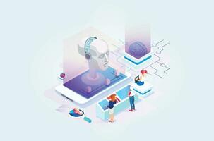 Modern Isometric artificial intelligence robot learning illustration, Web Banner, Suitable for Diagrams, Infographics, Book Illustrations, Game Assets and Other Graphic Related Assets vector