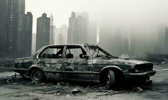 abandonado, destrozado coche en un ciudad. ai generativo. foto