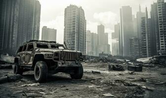 Burnt-out military vehicle. AI generative. photo