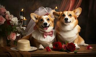 Adorable corgis in bow ties enjoy a Valentine's date. AI generative. photo